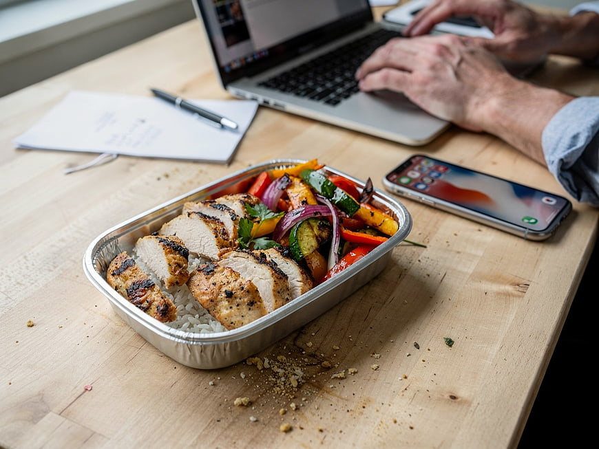 Healthy Grilled Chicken Lunch Box on Office Desk
