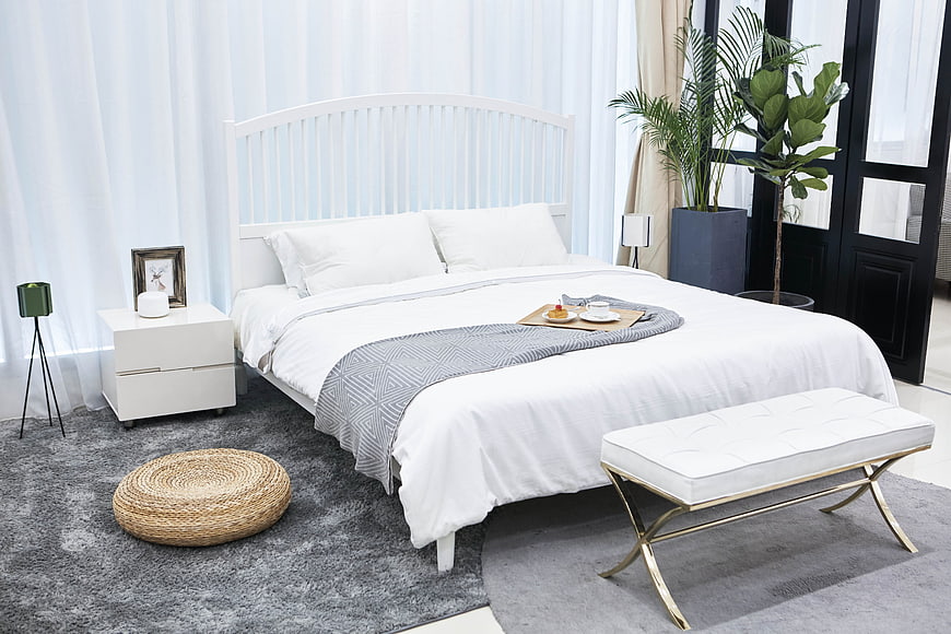 Modern White Bedroom Interior with Grey Rug and Plants