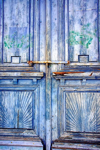 Weathered Blue Wooden Double Doors with Rusty Lock