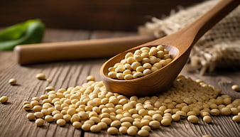 Soybeans in wooden spoon on rustic table