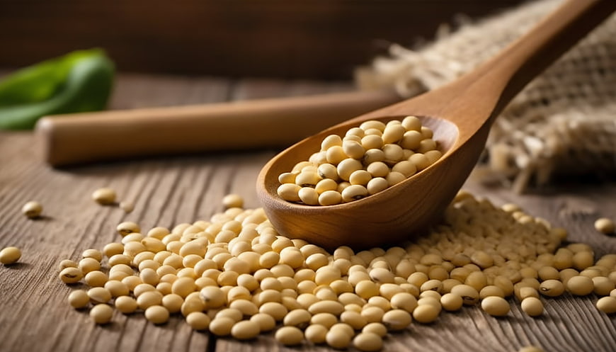 Soybeans in wooden spoon on rustic table