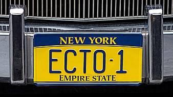 Close-up of Ecto-1 New York License Plate on Vintage Car