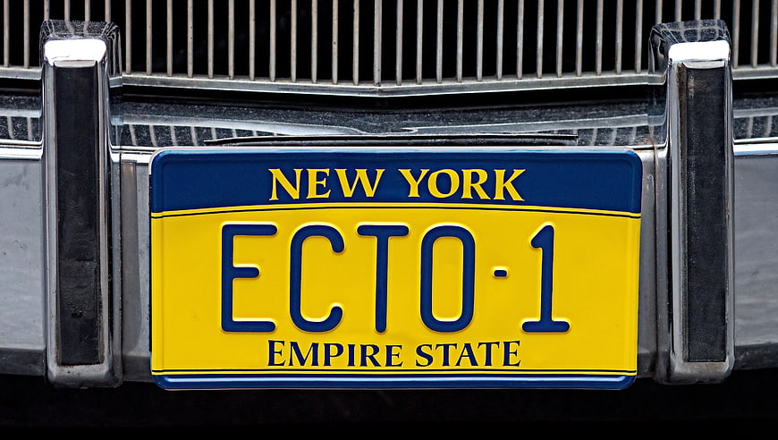 Close-up of Ecto-1 New York License Plate on Vintage Car