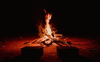 Campfire Burning at Night with Logs and Stones