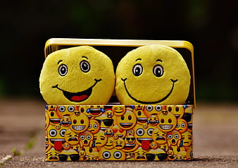 Two Yellow Smiley Face Plush Toys in Emoji Patterned Tin Box