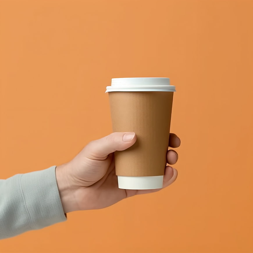 Hand holding brown paper coffee cup on orange background