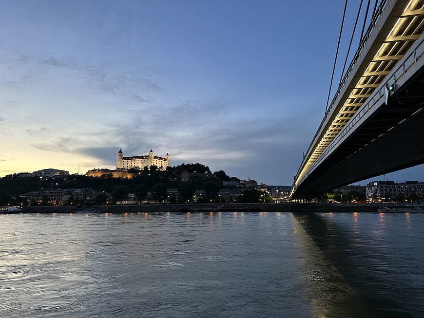 Castle on Hill Overlooking River and Bridge at Dusk