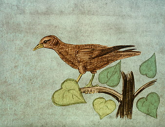 Vintage bird illustration on branch with heart leaves