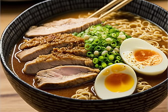 Delicious Ramen Bowl with Soft Boiled Eggs and Pork