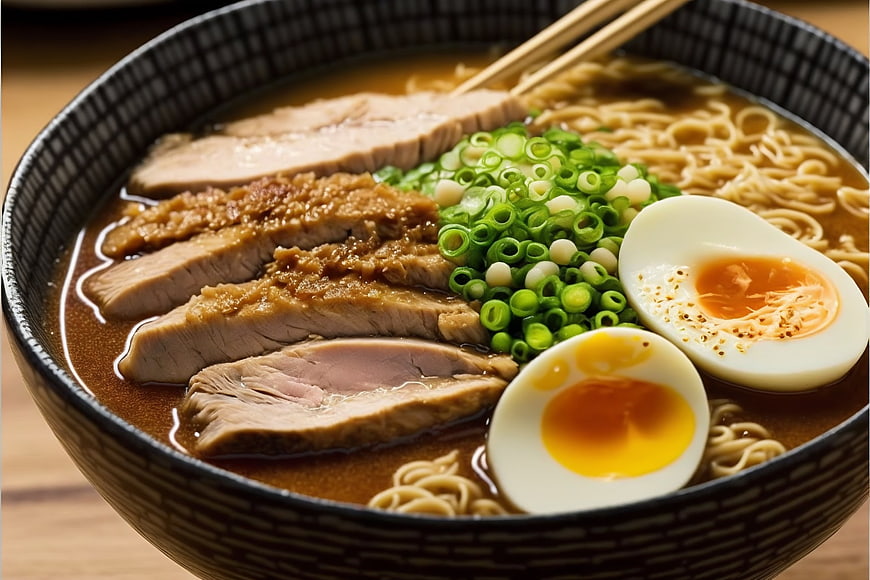 Delicious Ramen Bowl with Soft Boiled Eggs and Pork