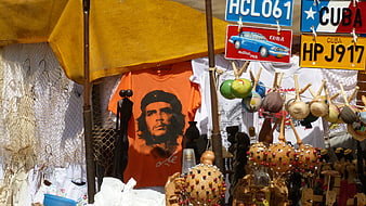Cuban Souvenir Market Stall With Che Guevara T-Shirt And License Plates