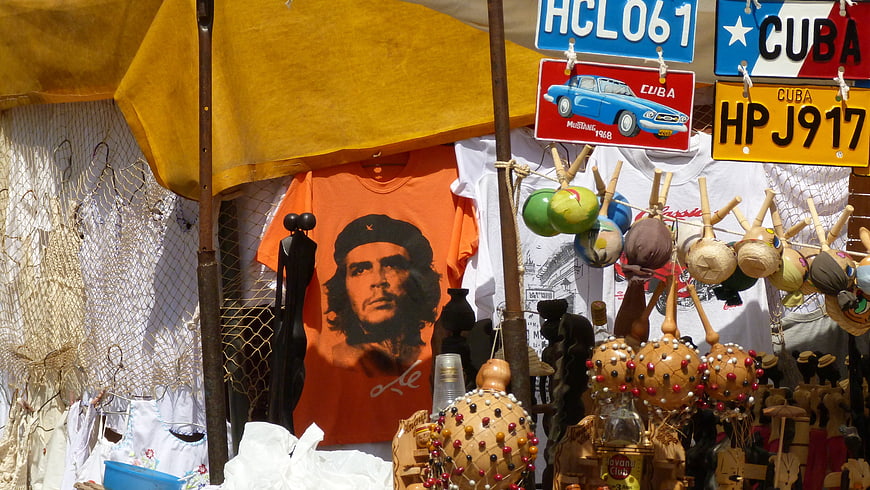 Cuban Souvenir Market Stall With Che Guevara T-Shirt And License Plates