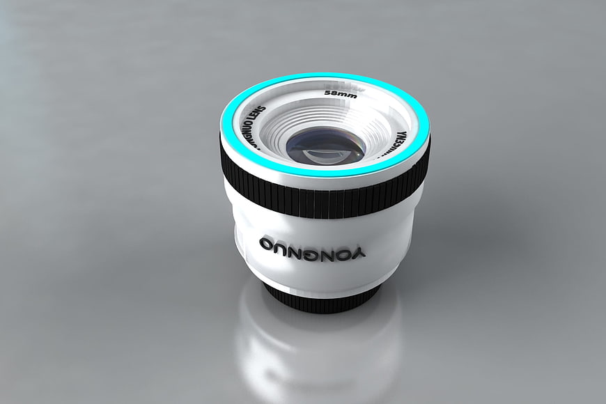 3D Render of White Camera Lens with Cyan Ring