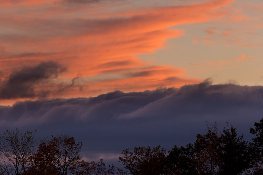 Dramatic orange sunset clouds over dark tree silhouettes