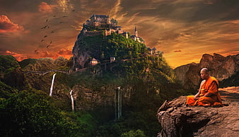 Meditating Monk Silhouette Against Dramatic Fantasy Castle Landscape At Sunset