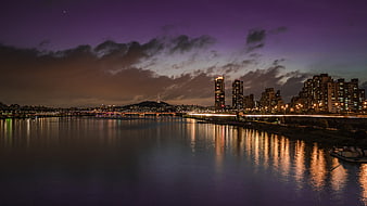 Seoul Night Skyline with Han River Reflections and Namsan Tower