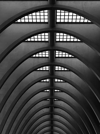 Black and white architectural arches with grid windows