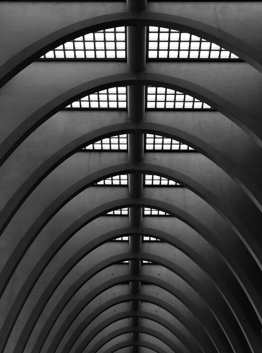 Black and white architectural arches with grid windows