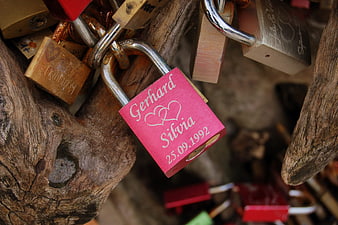 Pink love lock with names and date on wooden fence