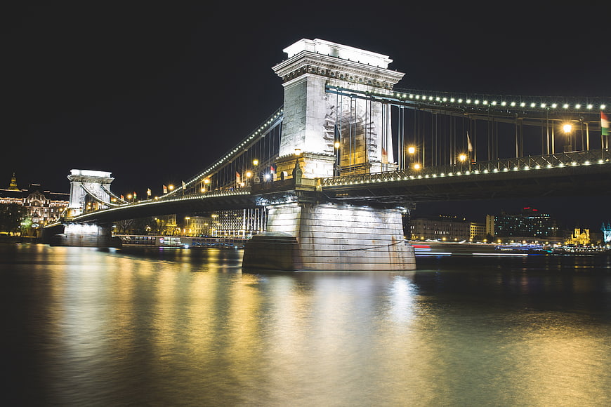 Chain Bridge Budapest Night Reflection Danube