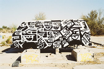 Abandoned Van with Black and White Graffiti Art in Desert