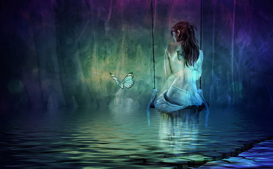 Digital Art Woman on Swing in Ethereal Misty Forest