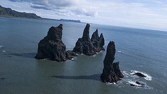Aerial view of Drangar sea stacks in Iceland