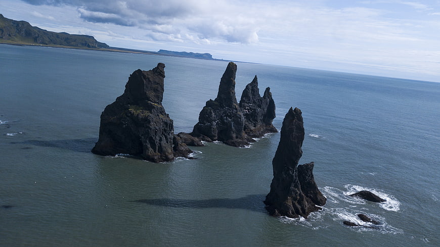 Aerial view of Drangar sea stacks in Iceland