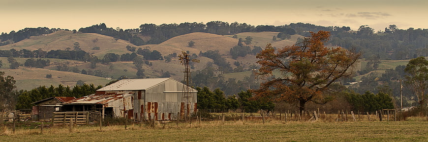 Rustic Farm Shed And Windmill In Australian Countryside