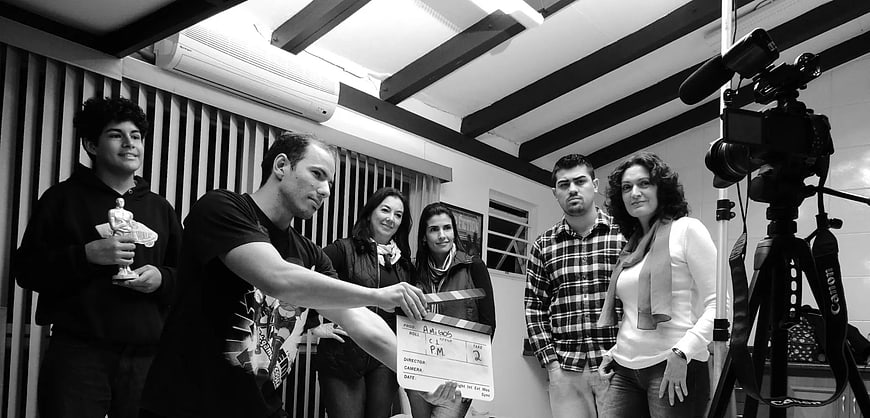 Film crew clapperboard behind the scenes black and white