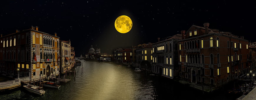 Panoramic Night View of Venice Grand Canal with Giant Full Moon