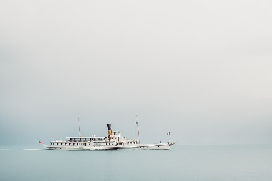Vintage Steamship Sailing on Calm Sea with Copyspace