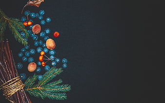 Winter berry wreath with pine branches on dark background