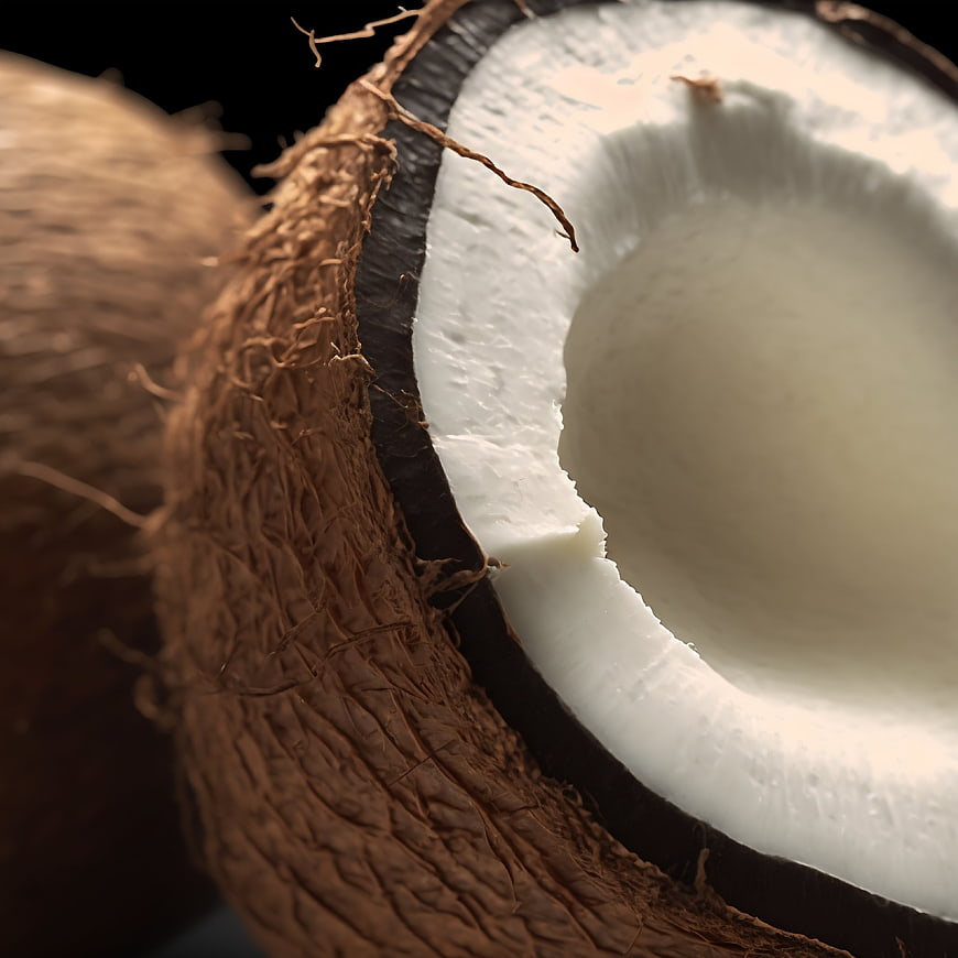 Close-up of Fresh Coconut with White Flesh and Brown Husk
