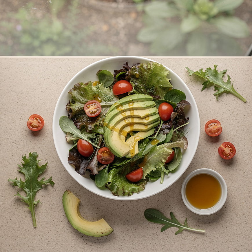 Overhead View of Fresh Avocado and Tomato Salad Bowl