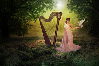 Fantasy Woman in Pink Dress Playing Giant Harp in Misty Forest