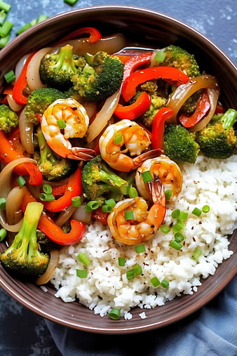 Shrimp and Broccoli Stir-Fry with Rice in Bowl