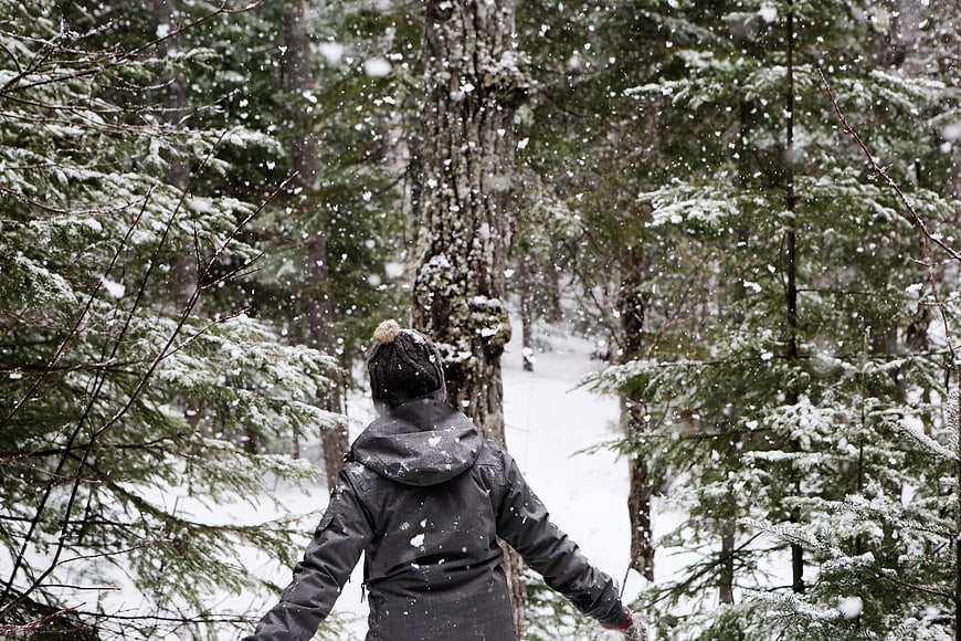 Woman in winter coat walking through snowy forest