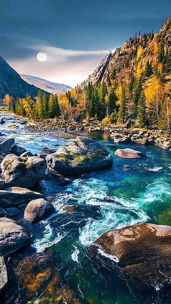 Autumn Mountain River Landscape With Turquoise Water And Moon