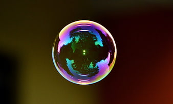 Iridescent soap bubble reflecting nature against dark background