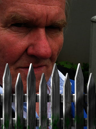Close-up of suspicious man peering over white picket fence