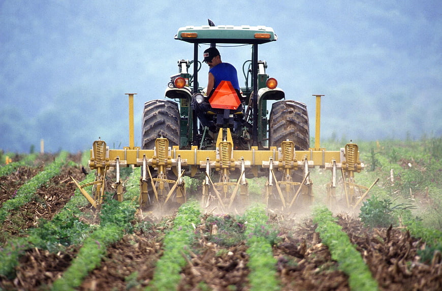 Farmer driving tractor cultivating crop field
