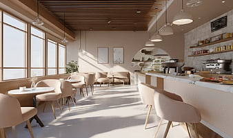 Modern Minimalist Cafe Interior with Natural Sunlight