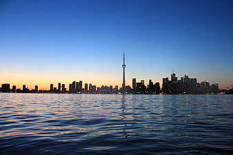 Toronto Skyline and CN Tower at Dusk Over Lake Ontario