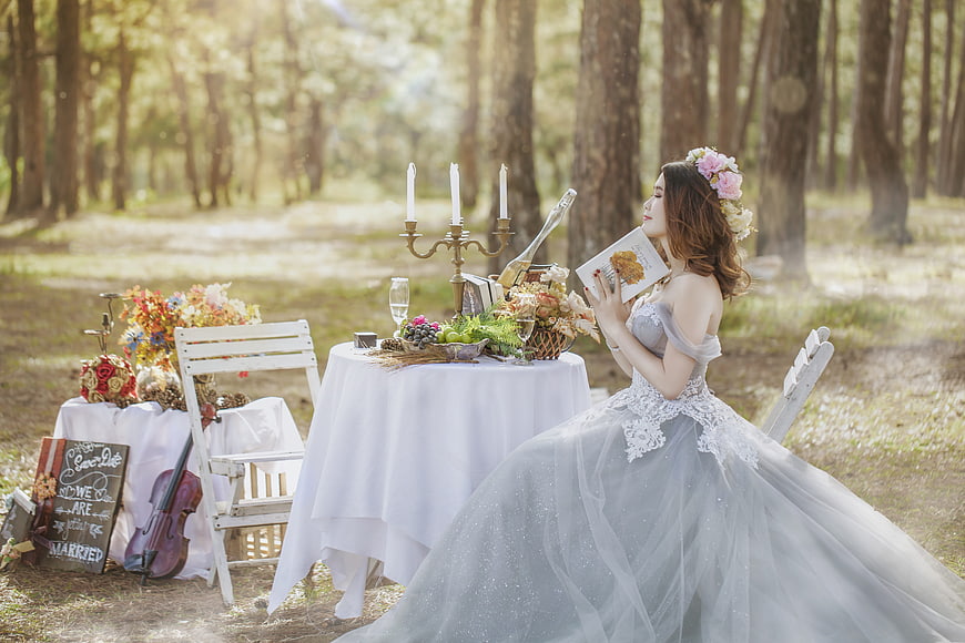 Elegant Asian Bride in Forest Wedding Setting