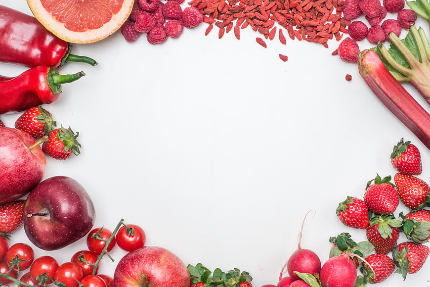 Top View Red Fruits and Vegetables on White Background