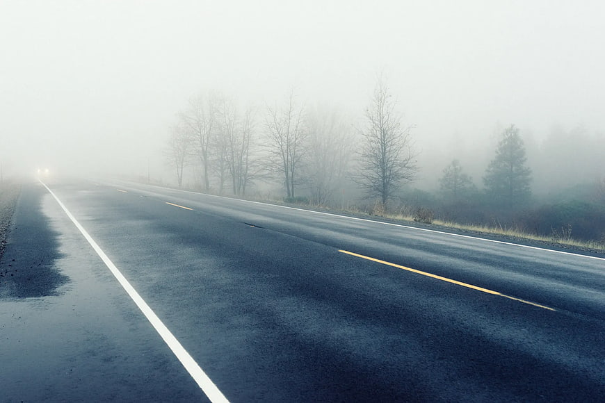 Foggy Wet Highway Road with Trees and Headlights