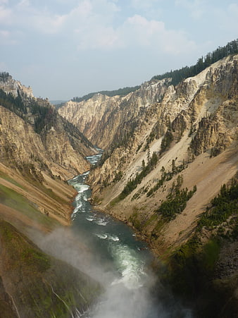 Aerial View of Yellowstone River Canyon with Mist