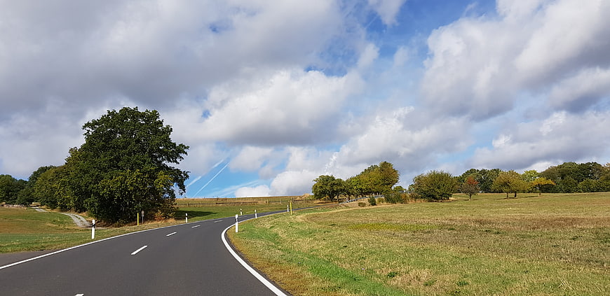 Winding country road through green fields under cloudy blue sky