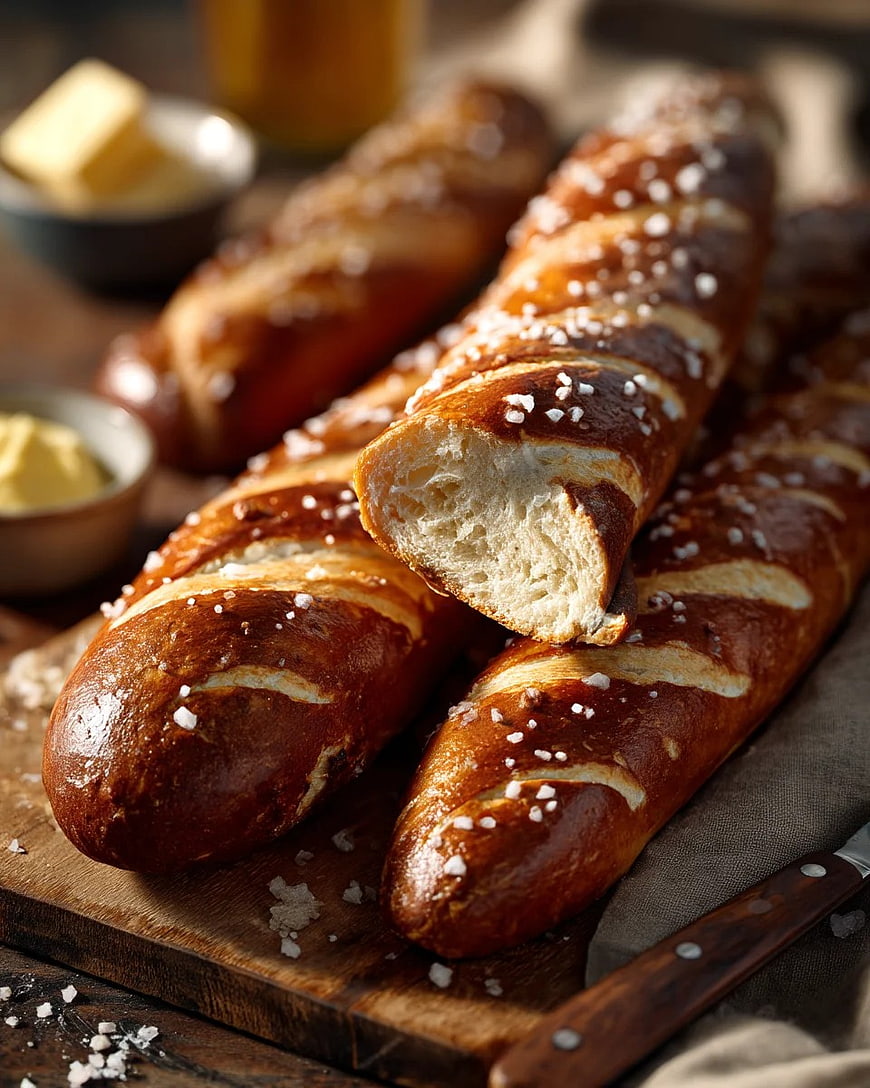 Fresh Soft Pretzels with Sea Salt on Wooden Board